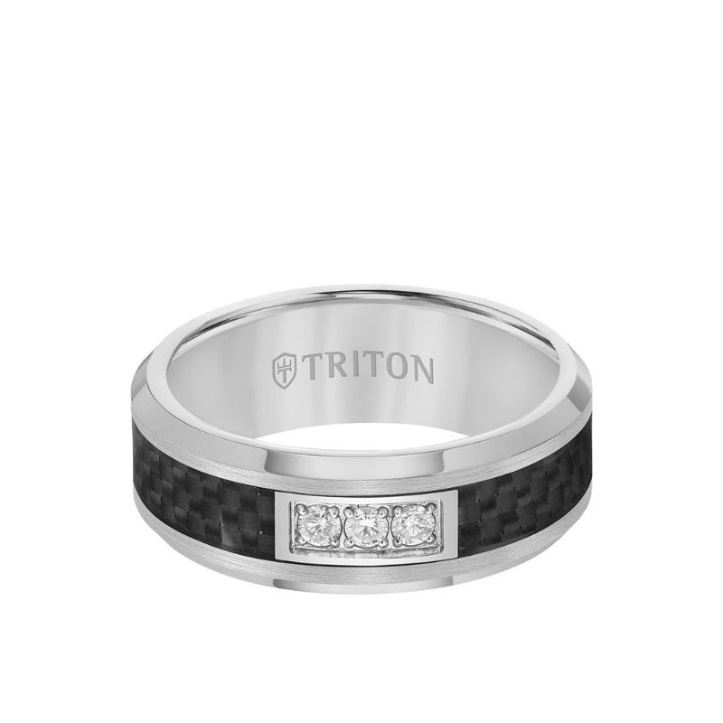 Triton 8MM 3 Stone Diamond Black Carbon Fiber Ring with Bevel Edge