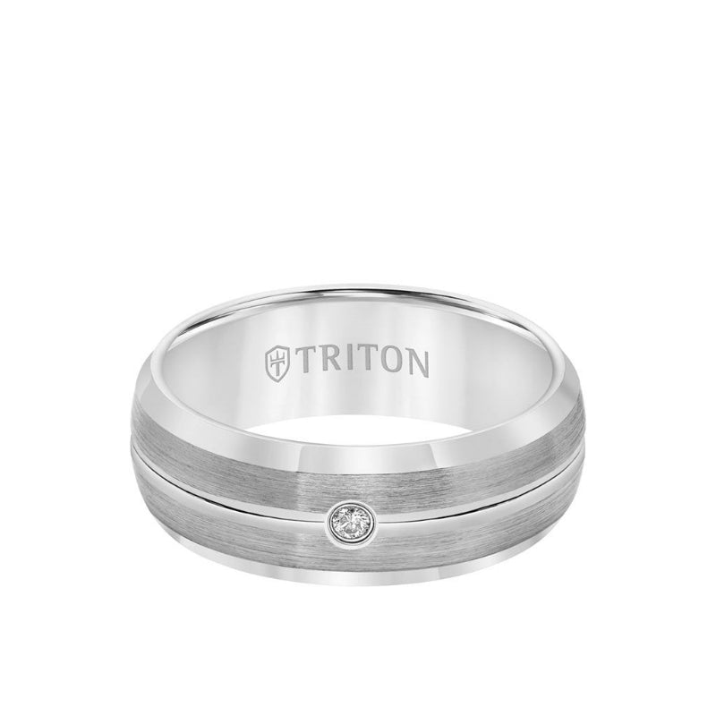 Triton 8MM Tungsten Diamond Ring - Brush Bright Finish and Bevel Edge