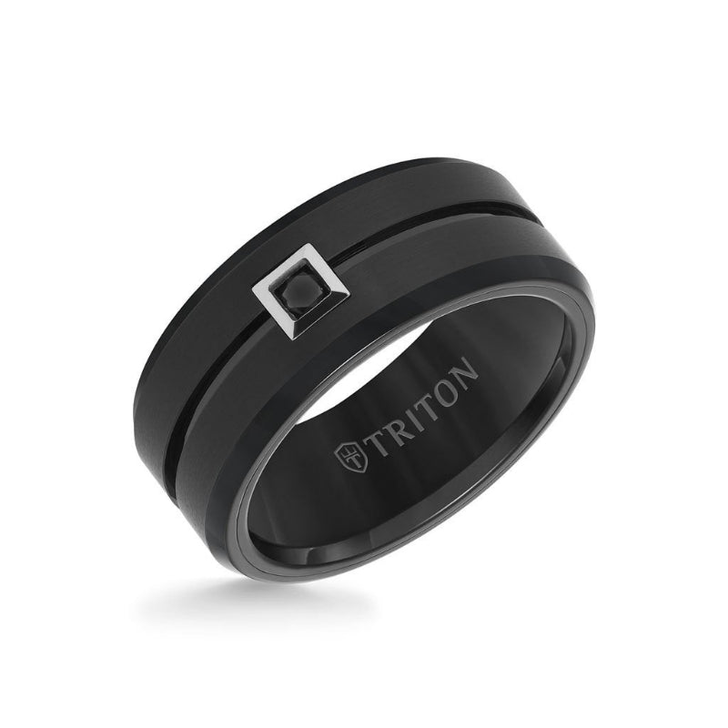 Triton 9MM Ring - Black Diamond Solitaire Brushed Center and Bevel Edge