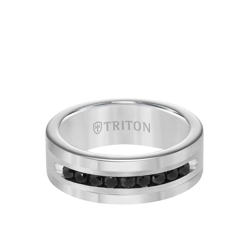 Triton 8MM Ring - Black Diamonds Silver Satin Finish and Round Edge