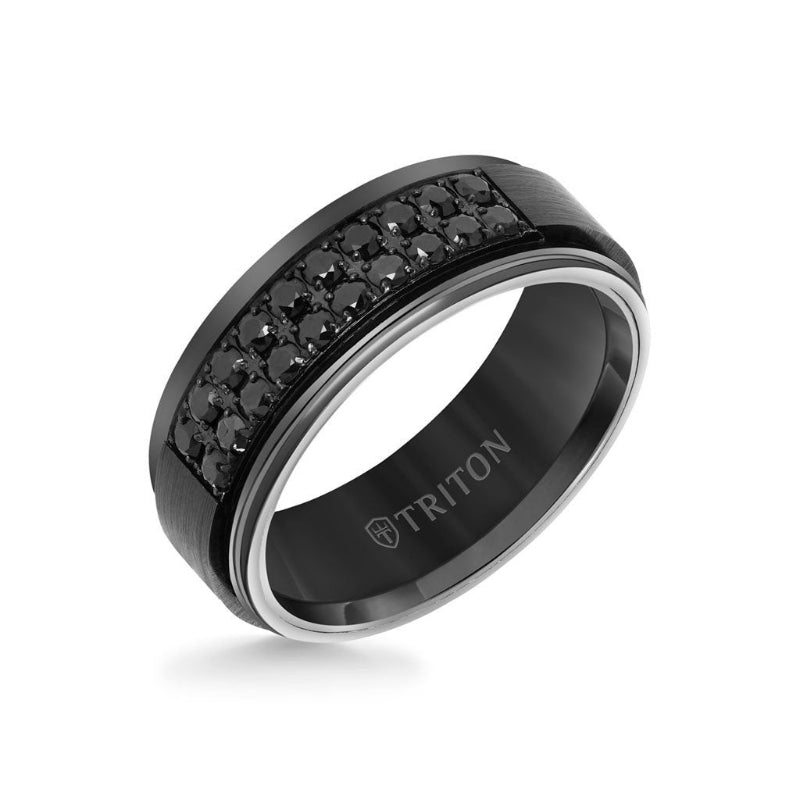 Triton 8MM Black Tungsten Carbide Ring - Black Sapphires & Step Edge