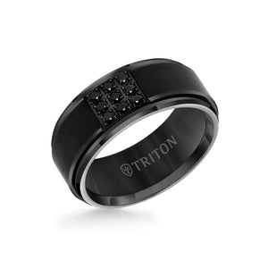 Triton 9MM Black Tungsten Carbide Ring - Black Sapphires & Step Edge