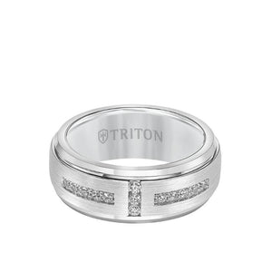 Triton 9MM Tungsten Diamond Ring - Channel Set Silver Satin Finish and Bevel Edge