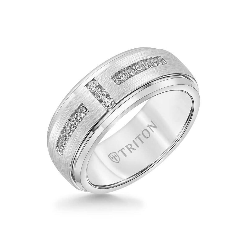 Triton 9MM Tungsten Diamond Ring - Channel Set Silver Satin Finish and Bevel Edge