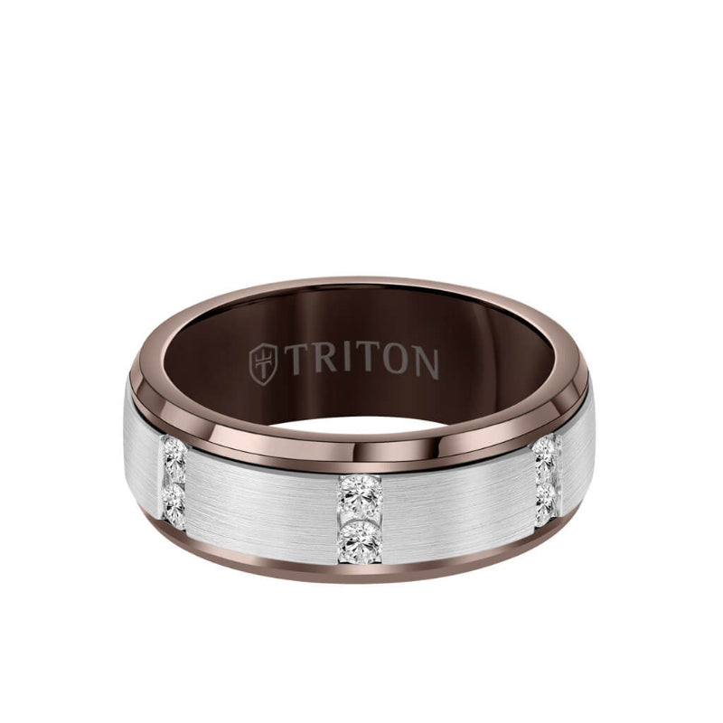 Triton 8MM Tungsten Diamond Ring - Vertical Channel Set Silver Satin Finish and Bevel Edge