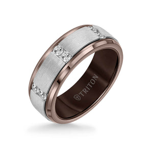 Triton 8MM Tungsten Diamond Ring - Vertical Channel Set Silver Satin Finish and Bevel Edge