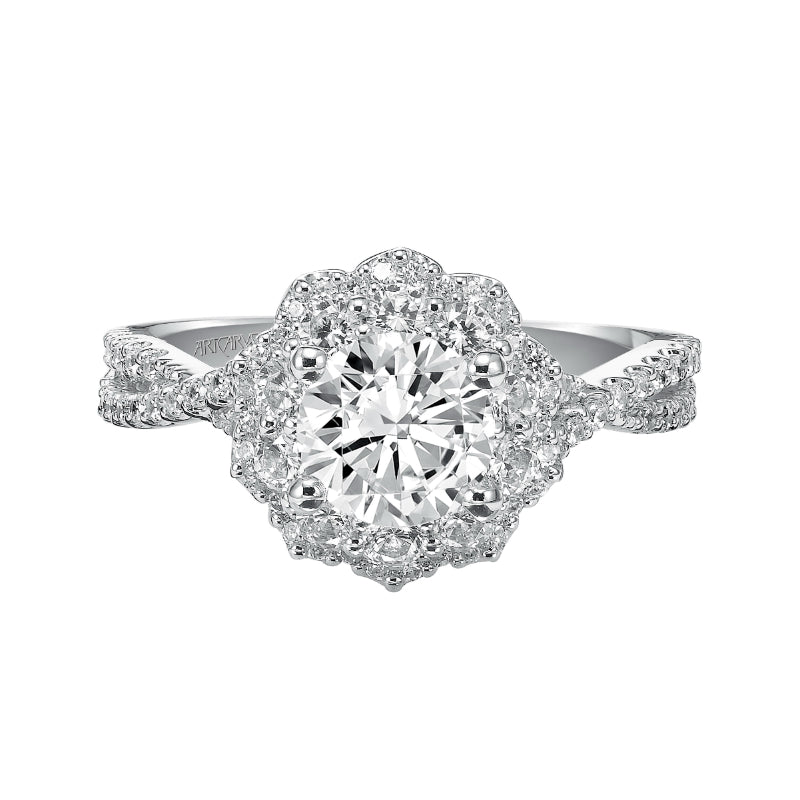 Artcarved Bridal Mounted with CZ Center Contemporary Floral Halo Engagement Ring Natasha 14K White Gold