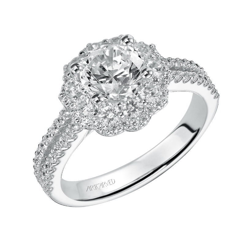 Artcarved Bridal Semi-Mounted with Side Stones Contemporary Halo Engagement Ring Jacqueline 14K White Gold