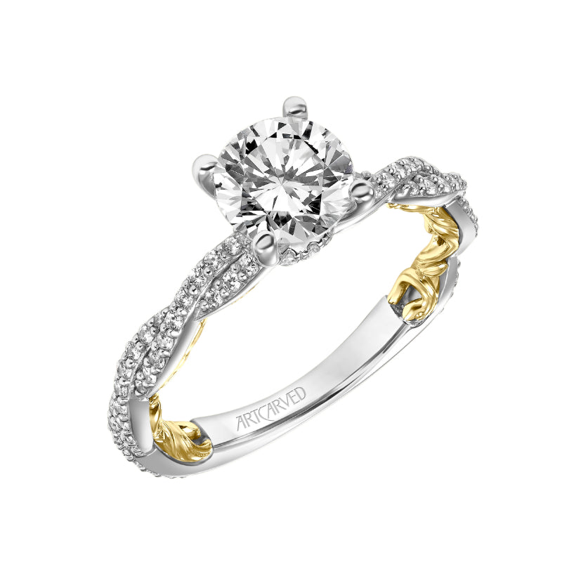 Artcarved Bridal Mounted with CZ Center Contemporary Lyric Engagement Ring Ione 18K White Gold Primary & 18K Yellow Gold