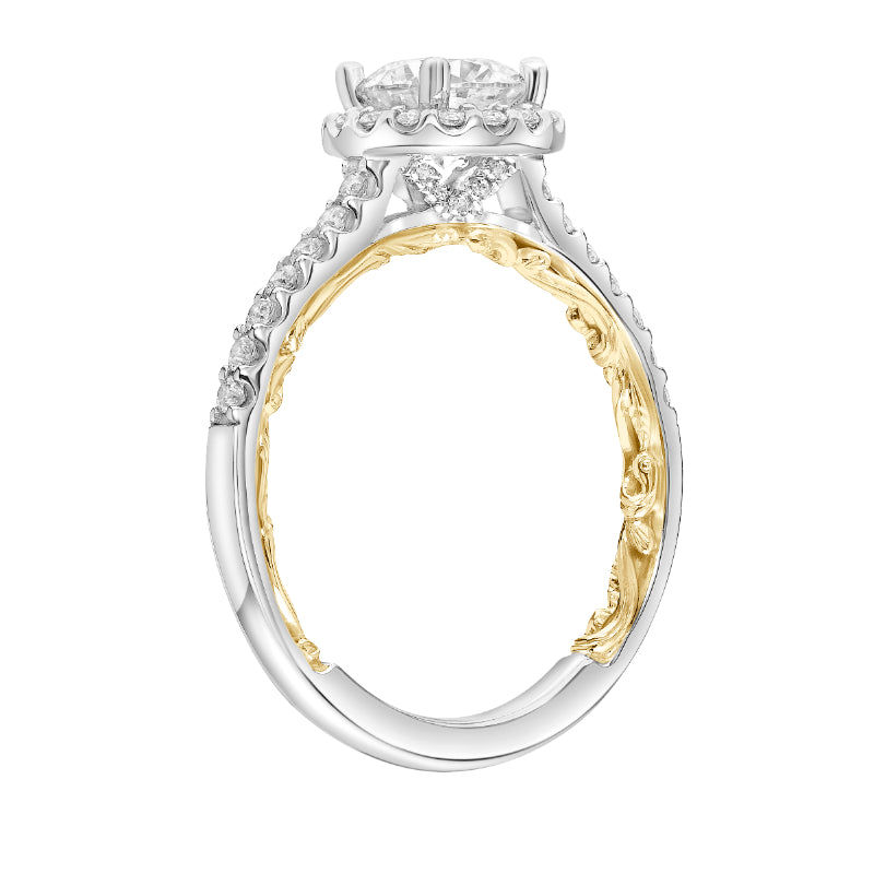Artcarved Bridal Semi-Mounted with Side Stones Classic Lyric Halo Engagement Ring Theda 18K White Gold Primary & 18K Yellow Gold