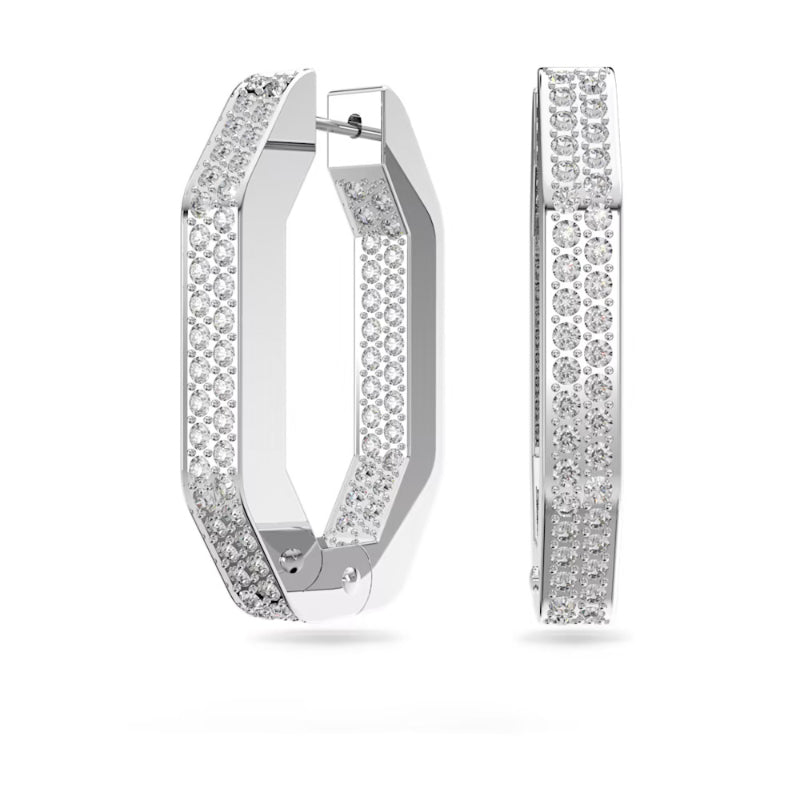 Swarovski Dextera Hoop Earrings, Octagon, Pave Crystals, Medium, White, Rhodium Plated