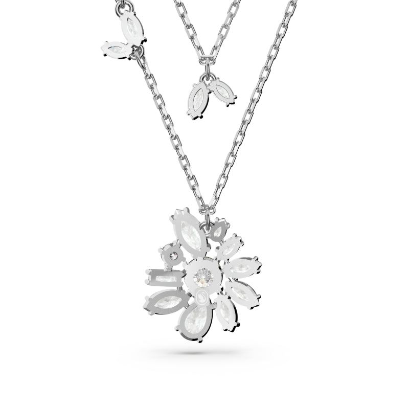 Swarovski Gema Layered Necklace, Mixed Cuts, Flower, White, Rhodium Plated