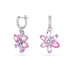 Swarovski Gema Drop Earrings, Mixed Cuts, Flower, Pink, Rhodium Plated