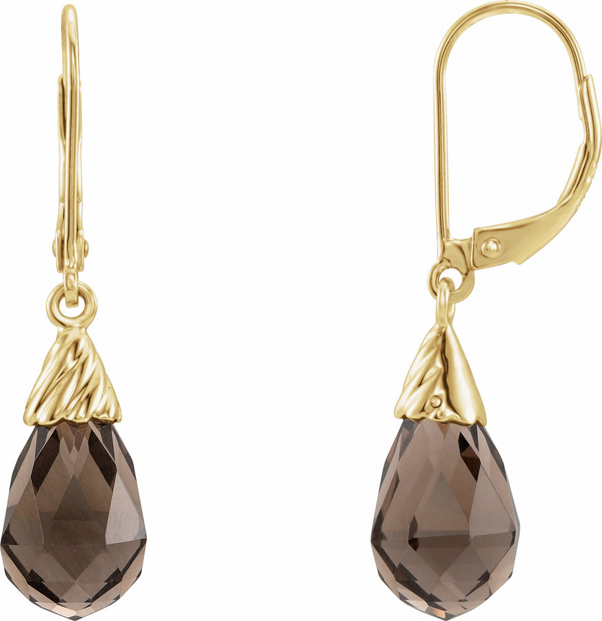 14K Yellow Smoky Quartz Briolette Lever Back Earrings