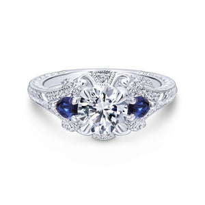 Gabriel & Co. 14k White Gold Victorian 3 Stone Diamond & Gemstone Engagement Ring