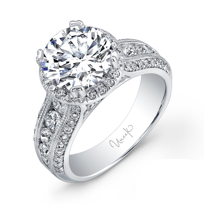 Uneek Round Diamond Wide-Band Halo Engagement Ring with Milgrain Accents and Three-Row Channel- and Pave-Set Melees